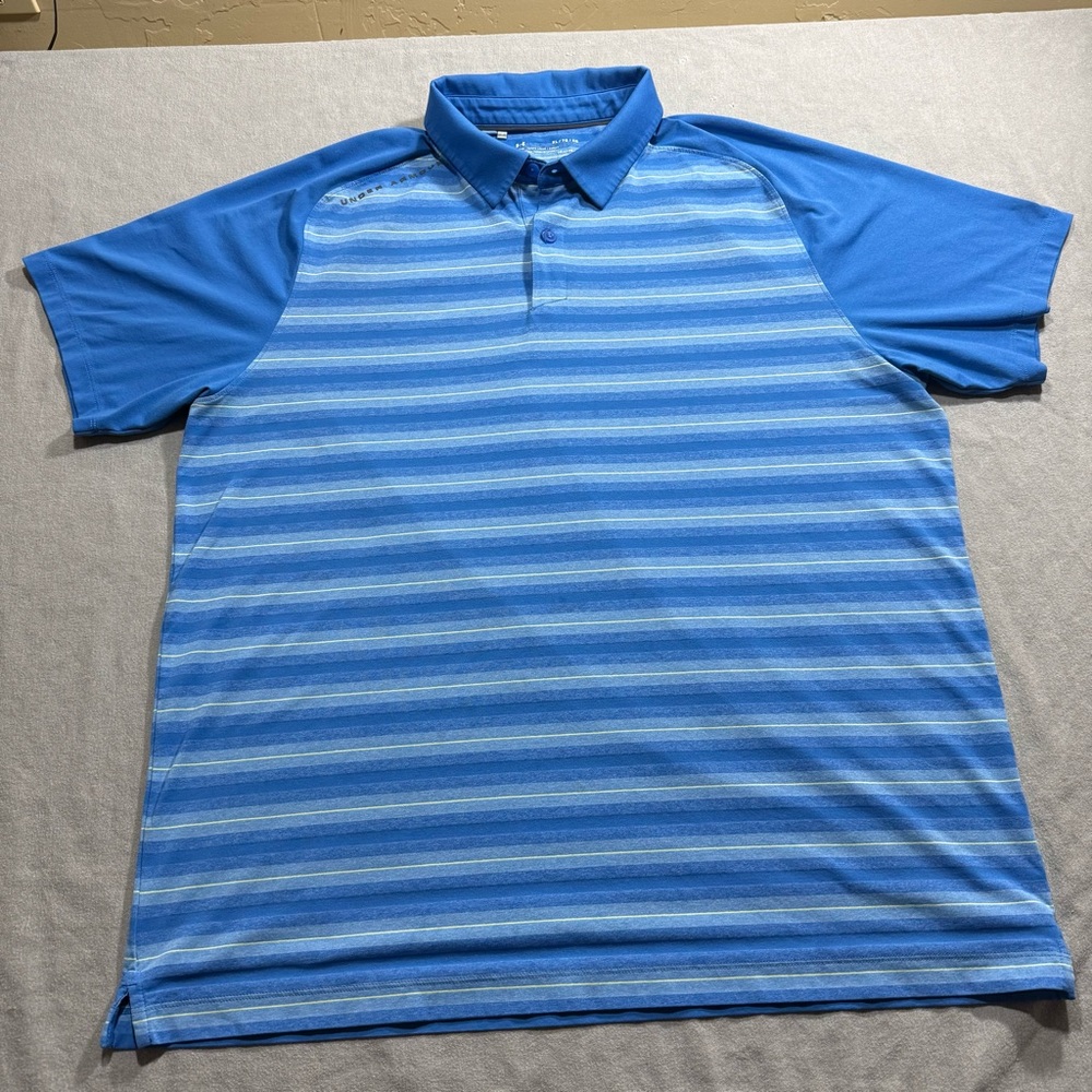 Under Armour Blue and Yellow Striped Heatgear Loose Polo Mens Size XL